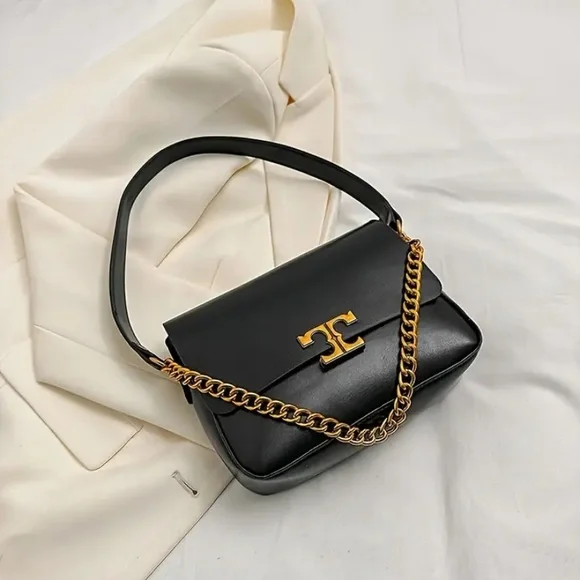 New Designer Inspired Vegan Faux Leather Shoulder Bag Golden Chain Strap NWT - Picture 4 of 15